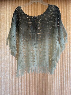 House of Harlow Women's Crochet Fringe Sweater Poncho - Beige to Taupe Ombre